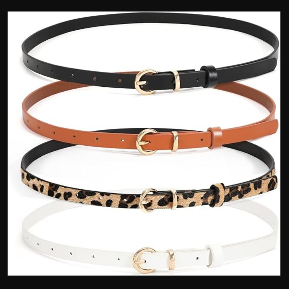 WHIPPY Set of 4 Skinny Leather Belts Womens Size 110cm Brown/Black/White/Leopard